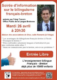 Soirée d’information sur la filière bilingue publique Breton-Français. Le mardi 26 avril 2016 à BRUZ. Ille-et-Vilaine.  20H30